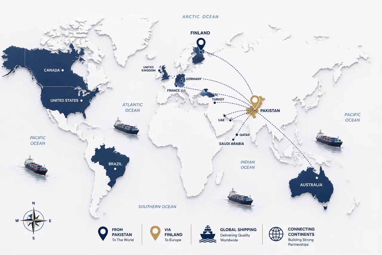 HMMA Group's global shipping network — from Pakistan via Finland to Europe, the Middle East, North America and Australia